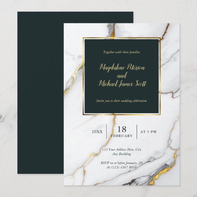 Convites Casamento de Script Clássico Marble Preto e Dourad (Frente/Verso)