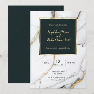 Convites Casamento de Script Clássico Marble Preto e Dourad