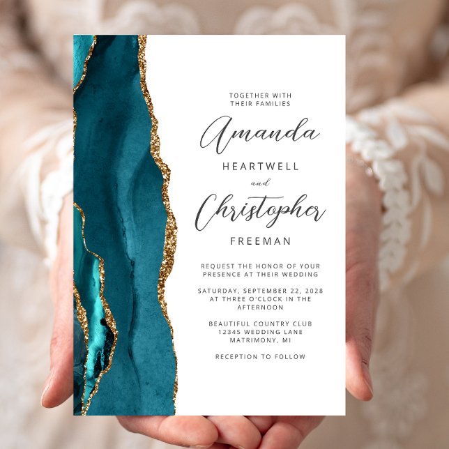 Convites Casamento de Script de Agata Dourada de Teal Elega (Criador carregado)