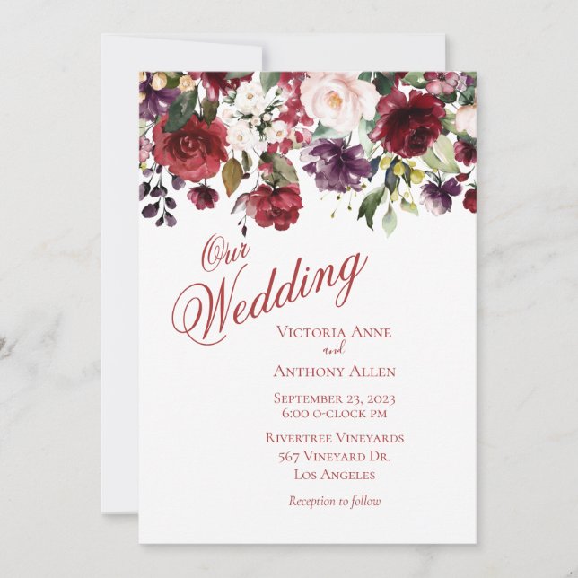 Convites Casamento de Script de Aquarela Floral Blush Burgu (Frente)