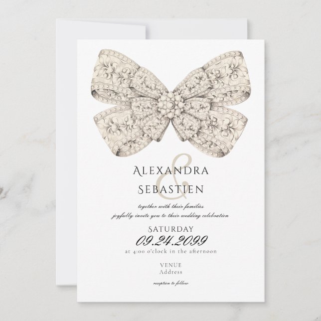 Convites Casamento de Script de Arco de Beige com Ouros Vin (Frente)