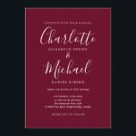 Convites Casamento de Script de Assinatura Elegante Burgund<br><div class="desc">O convite de casamento para assinatura de burgundy elegante, com nomes de estilo de assinatura, este convite para casamento branco e de na moda burgundy pode ser personalizado com os detalhes do seu casamento em letras brancas. Você pode personalizar o fundo para a sua cor favorita do tema do casamento....</div>