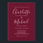 Convites Casamento de Script de Assinatura Elegante Burgund<br><div class="desc">O convite de casamento para assinatura de burgundy elegante, com nomes de estilo de assinatura, este convite para casamento branco e de na moda burgundy pode ser personalizado com os detalhes do seu casamento em letras brancas. Você pode personalizar o fundo para a sua cor favorita do tema do casamento....</div>
