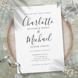 Convites Casamento De Script De Assinatura Elegante Preta E<br><div class="desc">Apresentando nomes de estilo de assinatura,  este elegante convite de casamento preto e branco pode ser personalizado com suas informações em caracteres quânticos. Projetado por Thisnotme©</div>