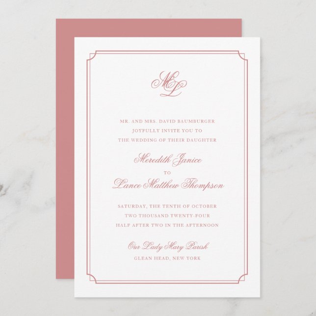 Convites Casamento de Script de Blush de Rosa Monograma Ele (Frente/Verso)