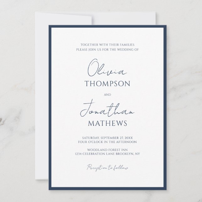 Convites Casamento de Script de Borda Azul de Marinho Simpl (Frente)