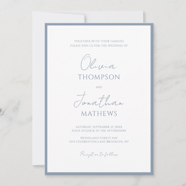 Convites Casamento de Script de Borda Azul Simples Dusty (Frente)