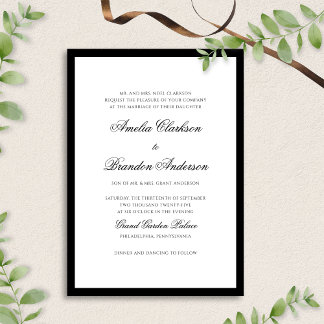 Convites Casamento de Script de Borda Branca e Preto Clássi