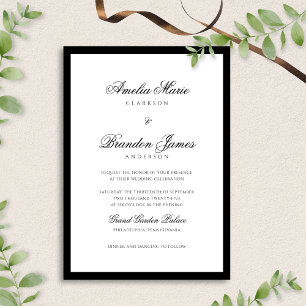 Convites Casamento de Script de Borda Branca e Preto Clássi