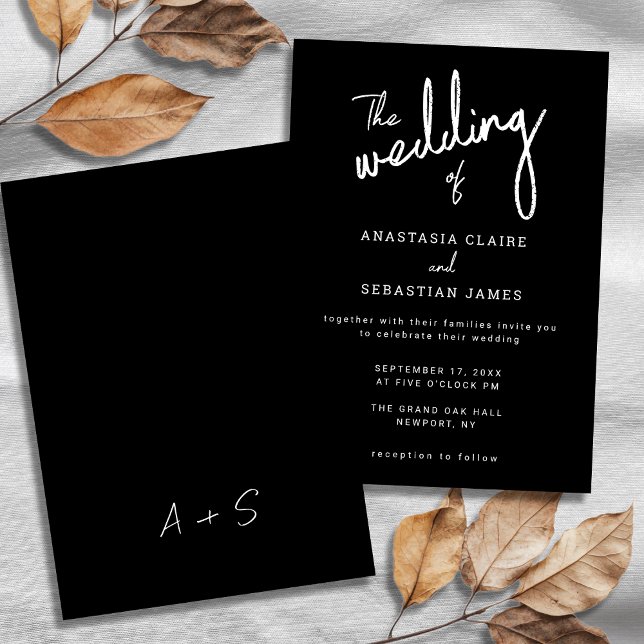 Convites Casamento de Script de Caligrafia Branca e Negra M (Modern Black and White Calligraphy Script Wedding Invitation)