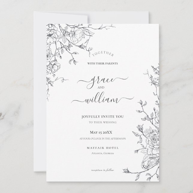 Convites Casamento de Script de Caligrafia Floral Branca de (Frente)