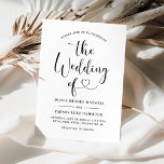 Convites Casamento de Script de Caligrafia Moderna do Coraç<br><div class="desc">Os convites de casamento modernos preto e branco (cores podem ser modificadas) apresentam um design de tipografia na moda negra com roteiro de caligrafia e sotaque cardíaco. O texto personalizado simples e elegante que pode ser personalizado para convidar convidados a se juntarem às suas comemorações de casamento, incluindo os nomes...</div>