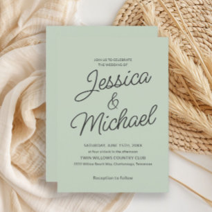 Convites Casamento de Script de Carvão Verde do Modern Sage