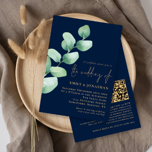 Convites Casamento de Script de Código QR Azul Dourado do E