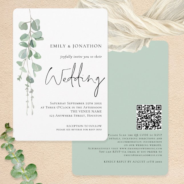 Convites Casamento de Script de Código QR do Eucalyptus Mod (Round corners - choose from 6 corner/edge different styles)