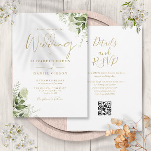 Convites Casamento de Script de Código QR Floral Dourado Gr