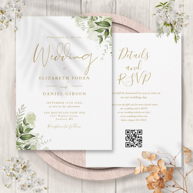 Convites Casamento de Script de Código QR Floral Dourado Gr (Gold Greenery Floral QR Code Script Wedding Invitation)