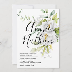 Convites Casamento de Script de Folhas Verdes Florais Branc