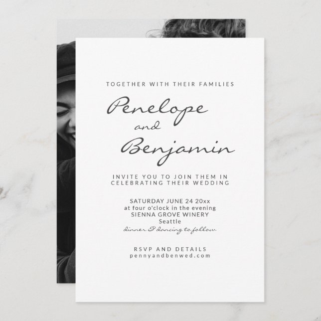 Convites Casamento de Script de Foto Branco Preto Minimalis (Frente/Verso)