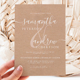 Convites Casamento de script de kraft minimalista branco mo