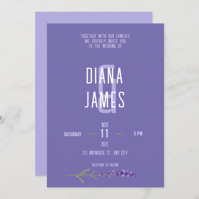 Convites Casamento de Script de Lavanda Moderna (Frente/Verso)
