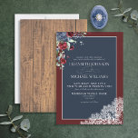 Convites Casamento de Script de Madeira Azul-Borgonha Marin<br><div class="desc">Estamos tão felizes com este tradicional convite de casamento azul-marinho, azul-burgundy, rústico e floral botânico floral! Apresentando tipografia escrita manuscrita, flores botânicas de cor azul-marinho e de cor-de-água borrifada, textura de madeira de casca de mel e renda francesa de Alençon. Parte de uma suíte de casamento que esperamos que você...</div>