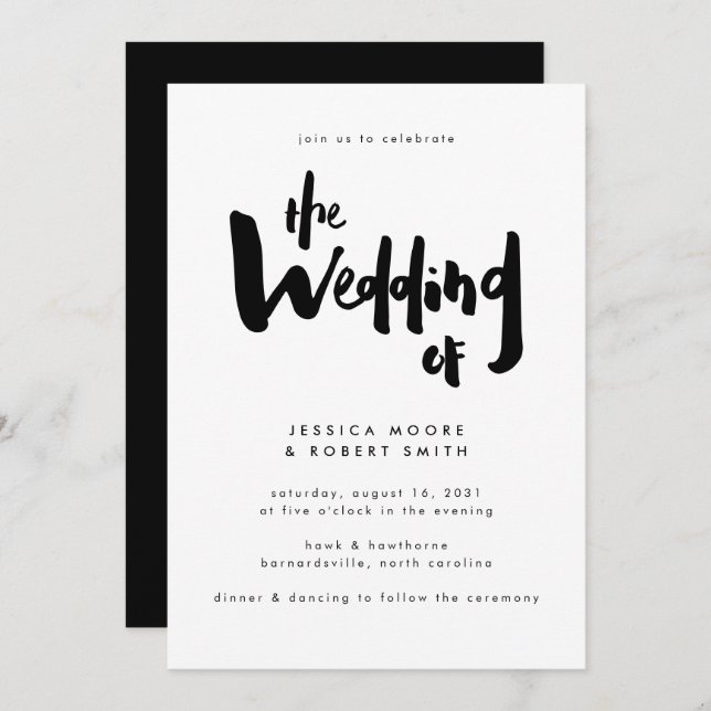 Convites Casamento de Script de Pincel Negra Moderno Bold E (Frente/Verso)