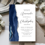 Convites Casamento de Script de Prata Azul Marinho Agate<br><div class="desc">A borda esquerda deste elegante convite de casamento moderno apresenta um marinho azul de aquarela agata bordada com falso brilho prateado. O texto personalizável combina fontes de script e sans serif em cinzas de carvão em um fundo branco. O verso apresenta um design azul marinho e agate prateado correspondentes.</div>