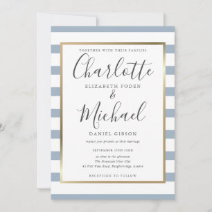 Convites Casamento de Script de Stripe Azul Elegante Dusty
