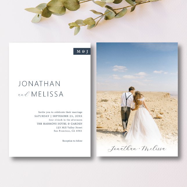 Convites Casamento de Script do Monograma Azul e Branco Clá (Criador carregado)