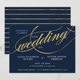 Convites Casamento de Script Dourado e Marinho Moderno Únic