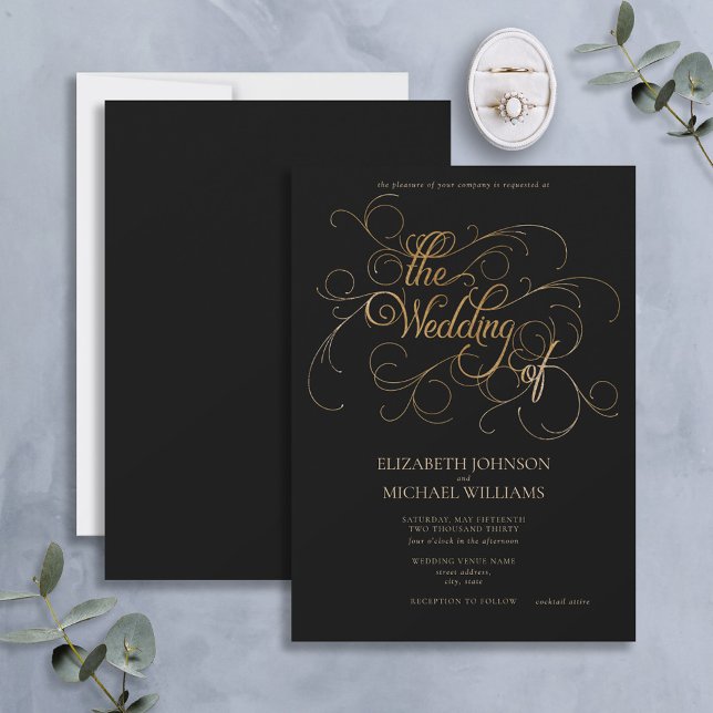 Convites Casamento de Script Dourado e Preto Moderno Elegan (Criador carregado)
