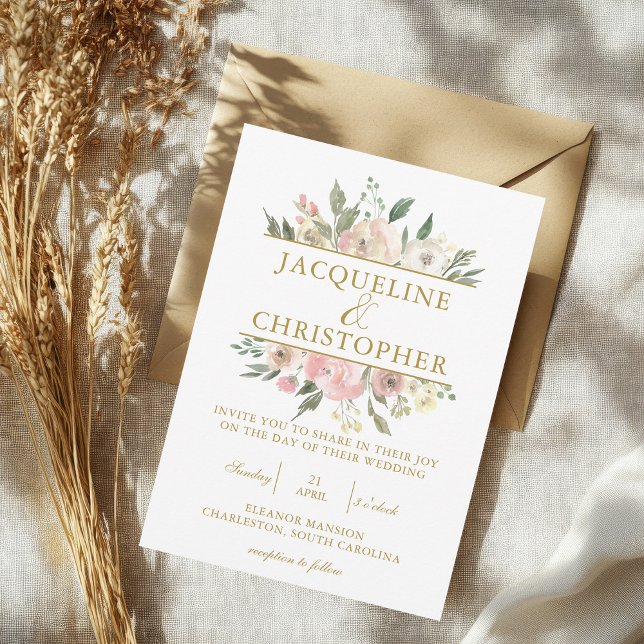 Convites Casamento de Script Dourado Floral Cor-de-Rosa-Blu (Criador carregado)