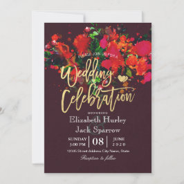 Convites Casamento de Script Dourado Floral de Burgundy Red