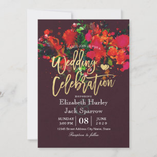 Convites Casamento de Script Dourado Floral de Burgundy Red