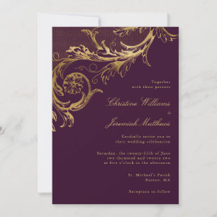 Convites Casamento de Script Dourado Floral de Damasco com 