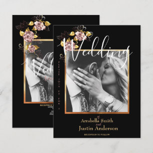 Convites Casamento de Script Dourado Floral Preto Foto Pers