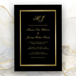 Convites Casamento de Script Dourado Monograma Preto Elegan