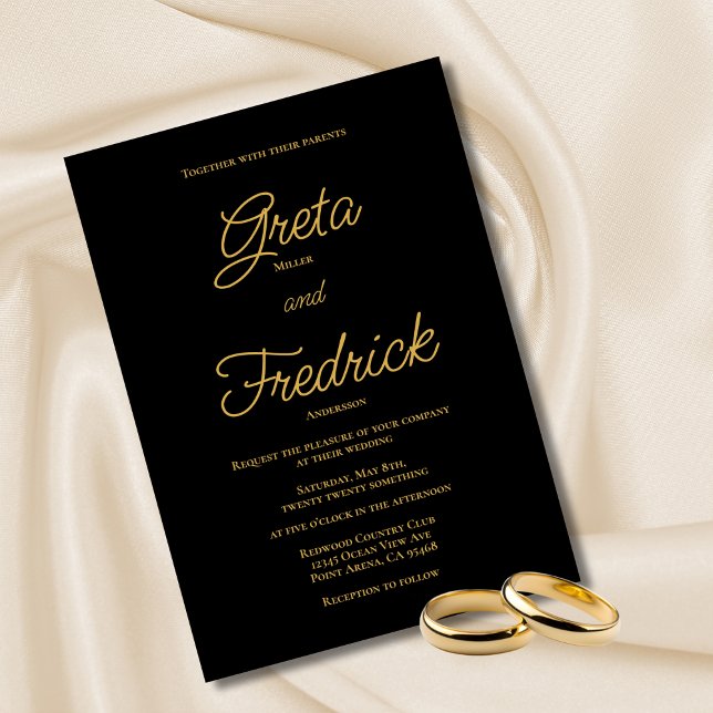 Convites Casamento de Script Dourado Negro Elegância Simple (Criador carregado)