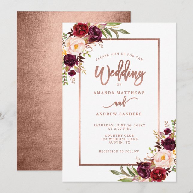 Convites Casamento de Script Dourado Rosa Floral Burgundy (Frente/Verso)