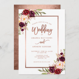 Convites Casamento de Script Dourado Rosa Floral Burgundy