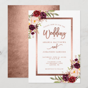 Convites Casamento de Script Dourado Rosa Floral Vermelho B