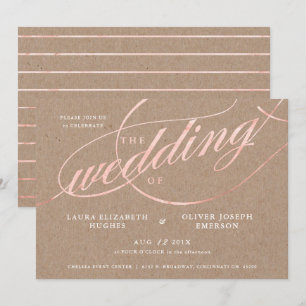Convites Casamento de Script Dourado Rustic Kraft & Rosa