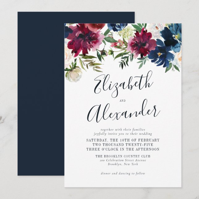 Convites Casamento de Script Elegante Azul Burgundy, Marinh (Frente/Verso)