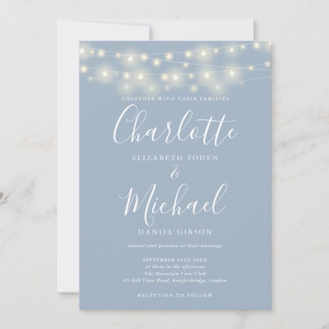 Convites Casamento de Script Elegante Azul Dusty Lights (Frente)