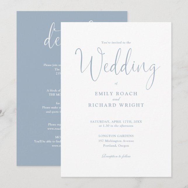 Convites Casamento de Script Elegante Azul Empoeirado Tudo  (Frente/Verso)