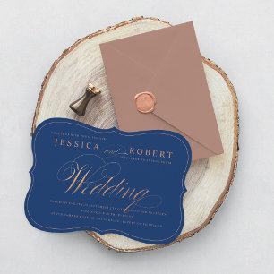 Convites Casamento de Script Elegante Azul-Marinho e Dourad