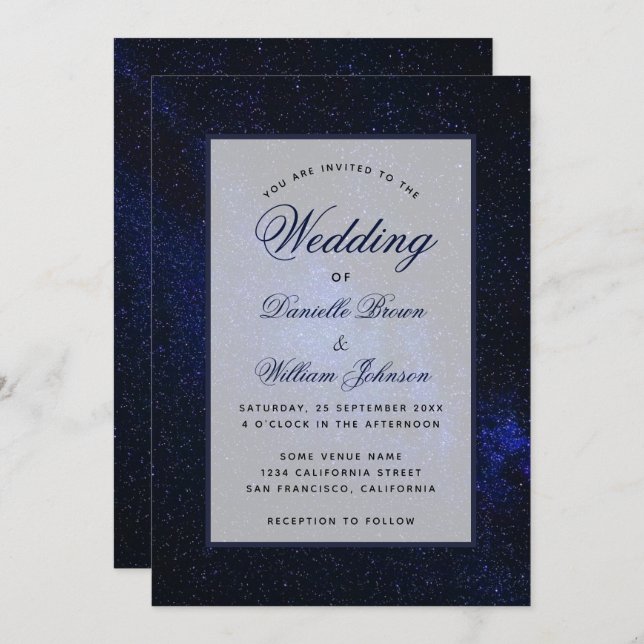 Convites Casamento de Script Elegante Celestial da Starry N (Frente/Verso)