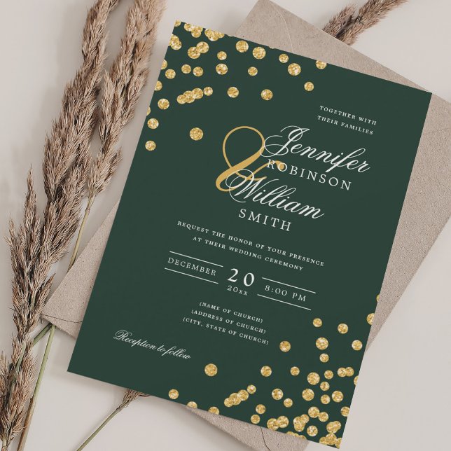 Convites Casamento de Script Elegante Confetti Emerald Gree (Elegant Script Wedding Gold Confetti Emerald Green Invitation)