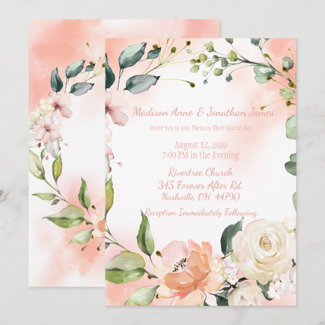 Convites Casamento de Script Elegante de Aquarela dos Rosas (Frente/Verso)